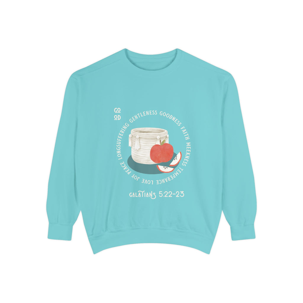 Light blue sweatshirt with a graphic design on a white background