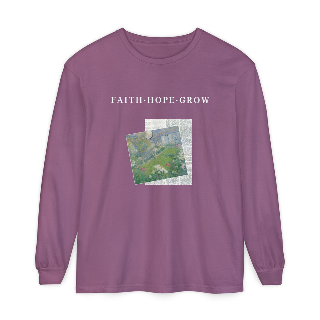Purple long-sleeve shirt with 'FAITH HOPE GROW' text and a small graphic on a white background
