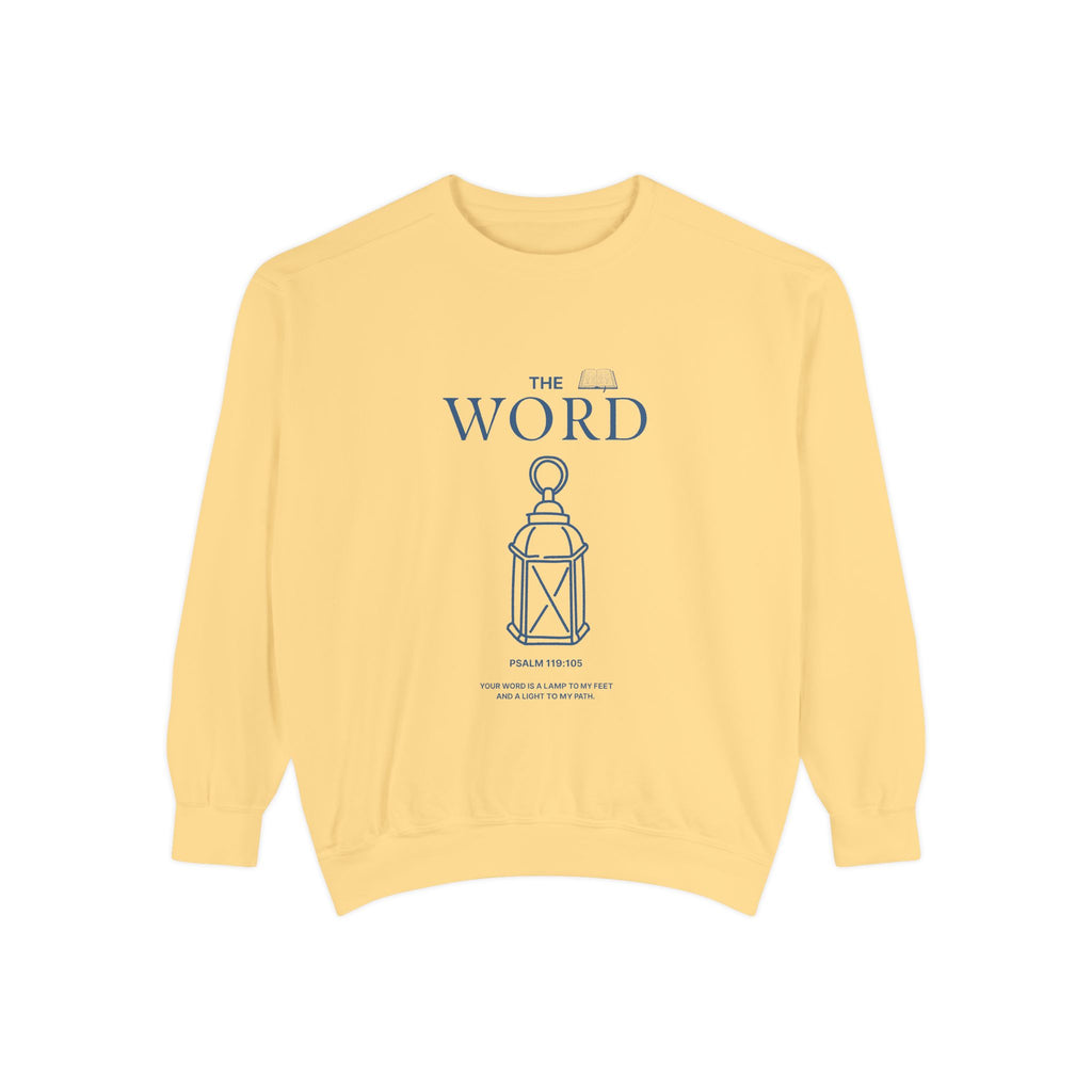 Yellow sweatshirt with 'The Word' design featuring a lantern on a white background