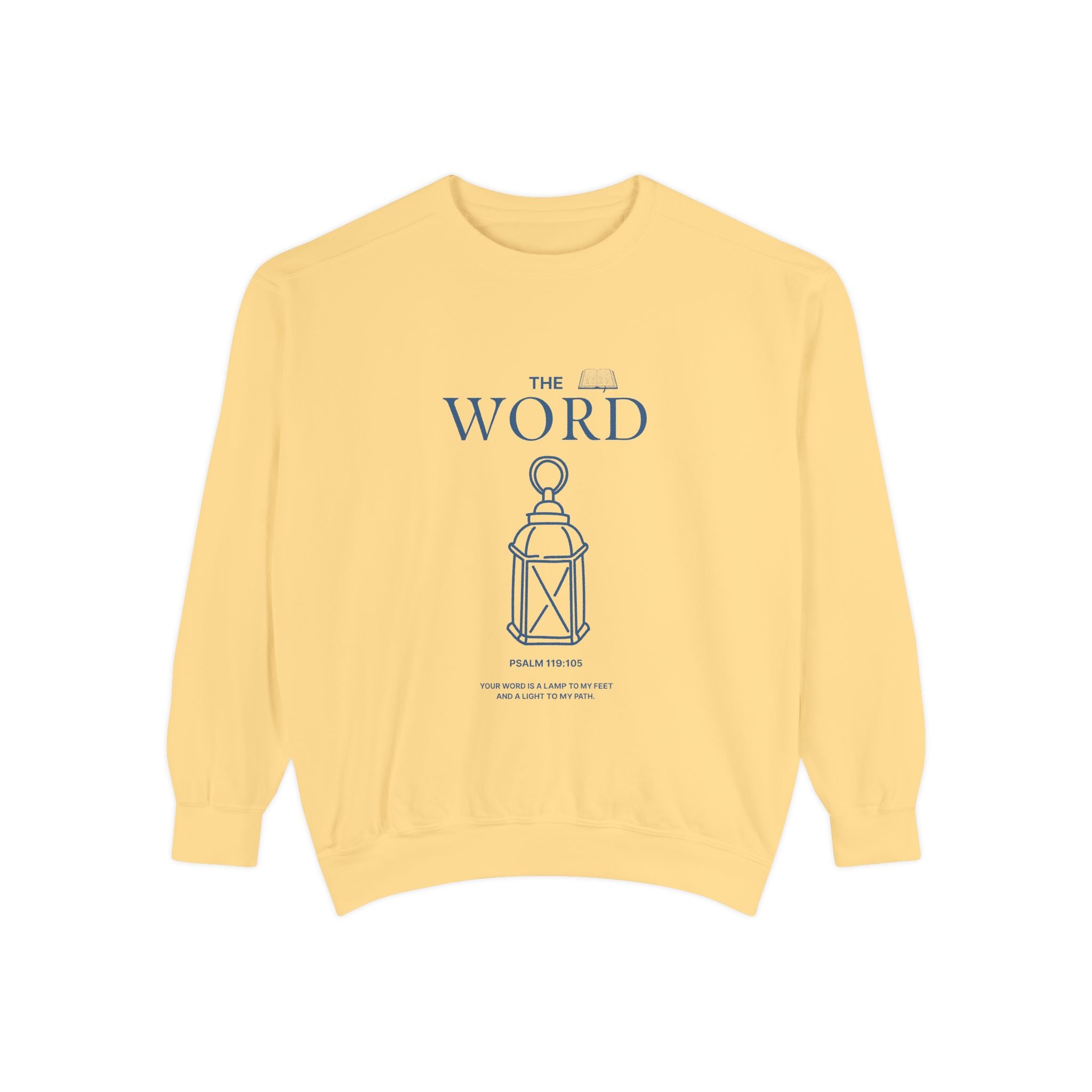 Yellow sweatshirt with 'The Word' design featuring a lantern on a white background