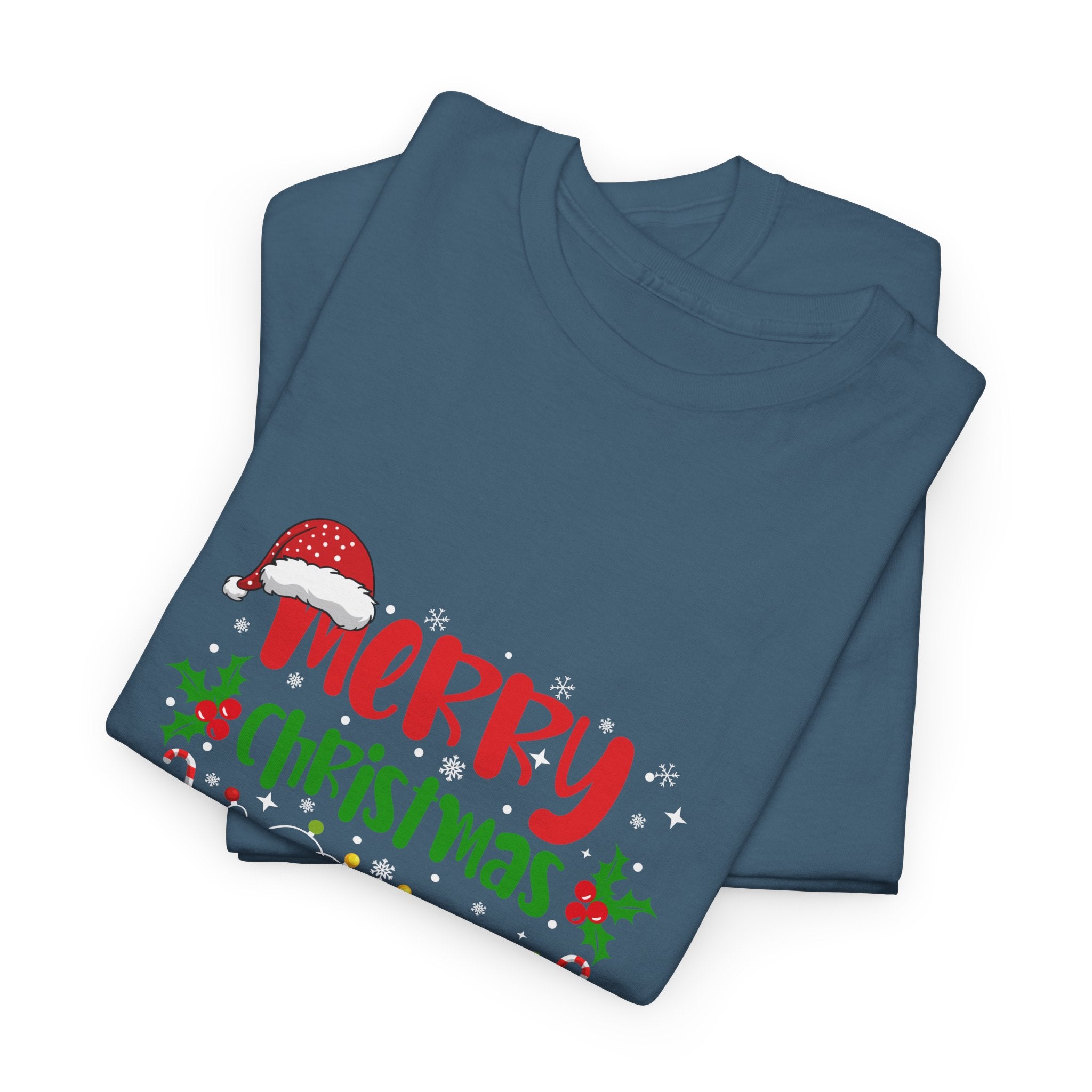 Folded blue t-shirt with 'Merry Christmas' design on a white background