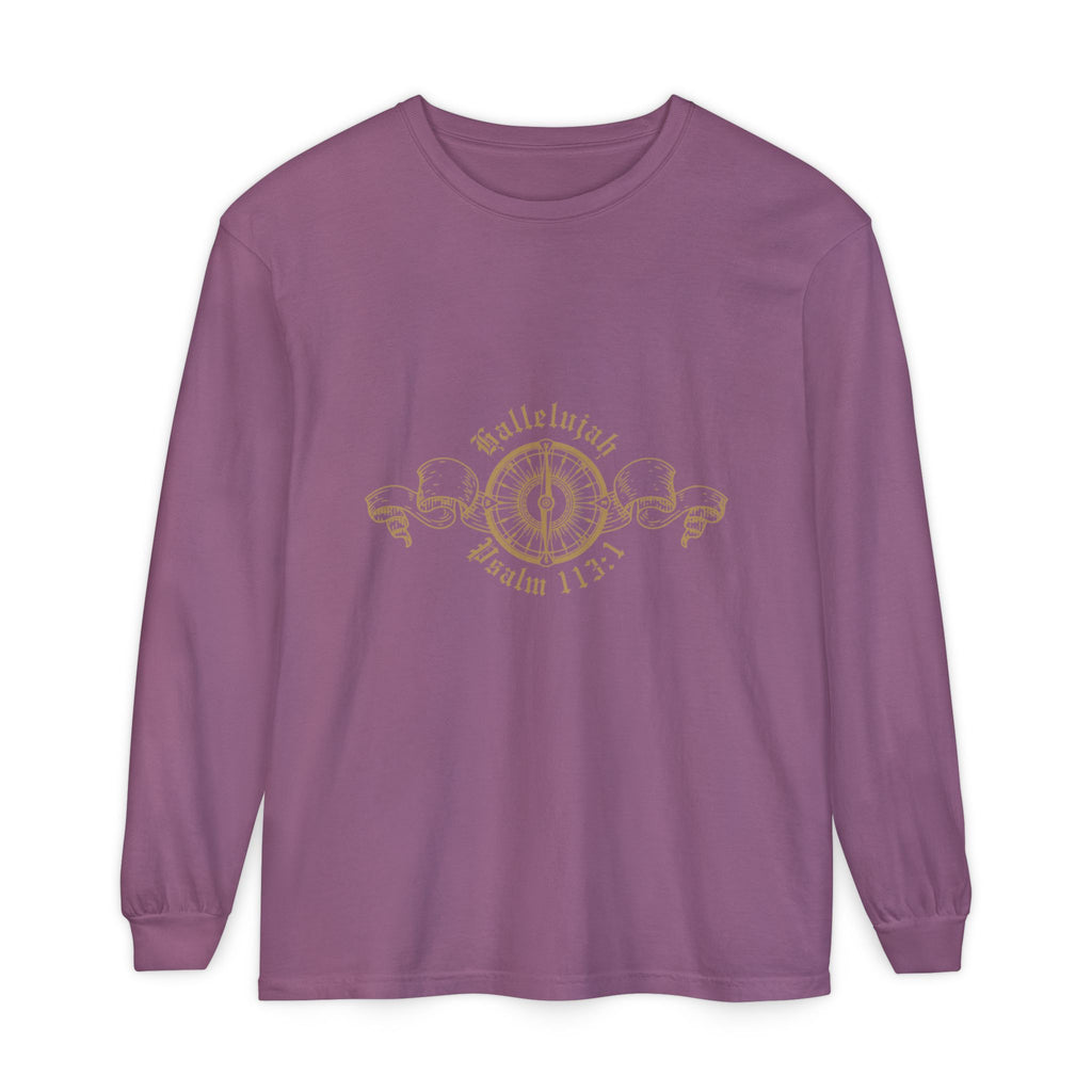 Purple long-sleeve shirt with gold graphic design on a white background