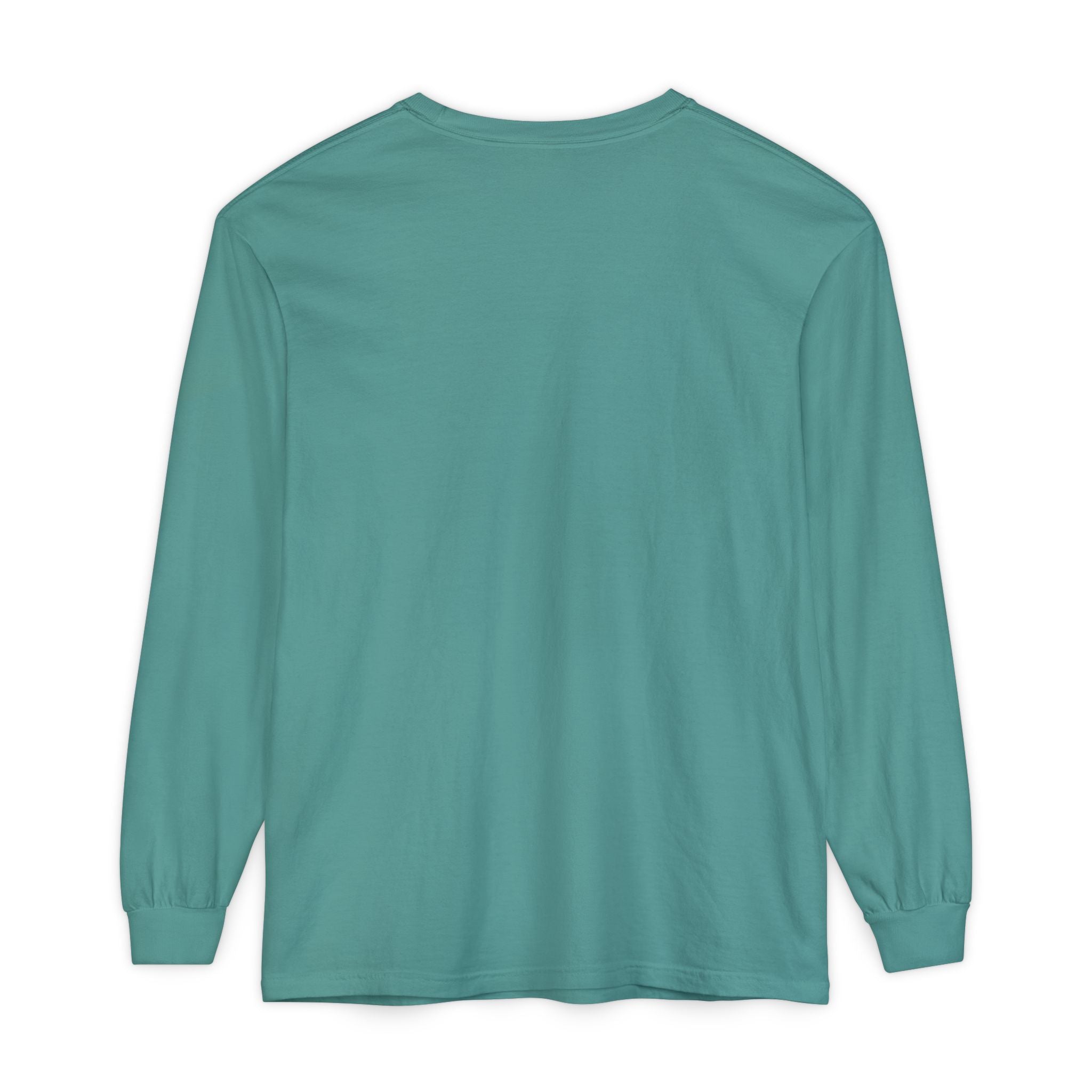 back view of Teal long-sleeve shirt on a white background