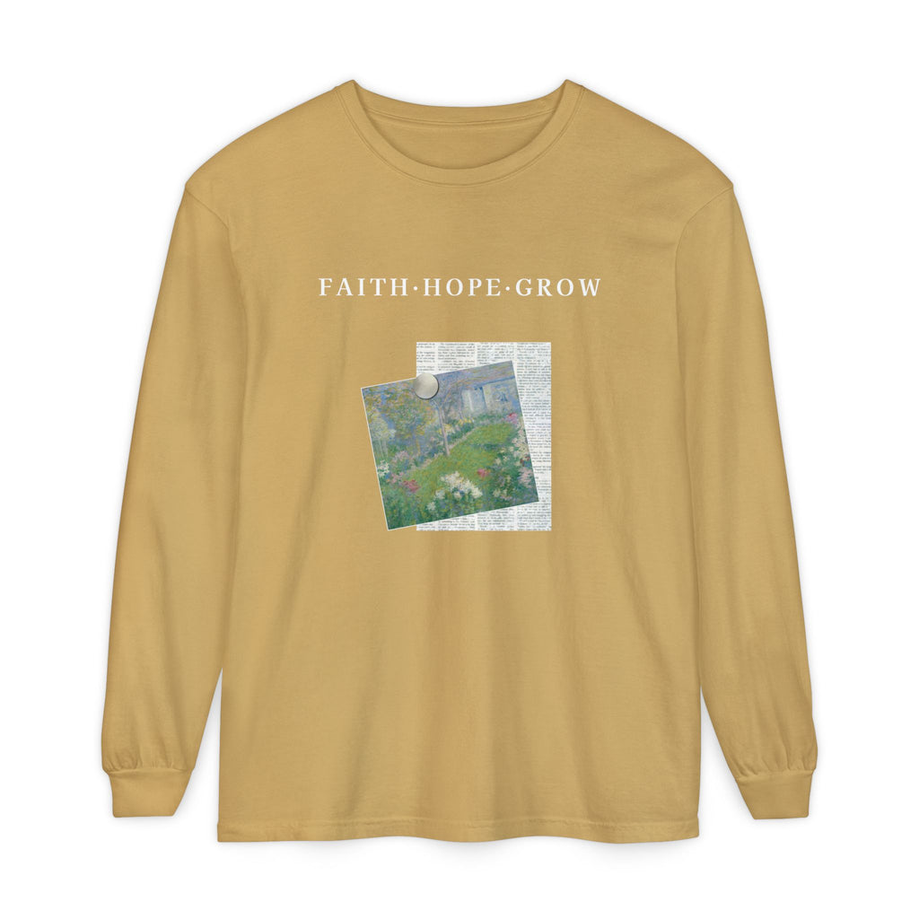 Mustard yellow long-sleeve shirt with a graphic design and text on a white background