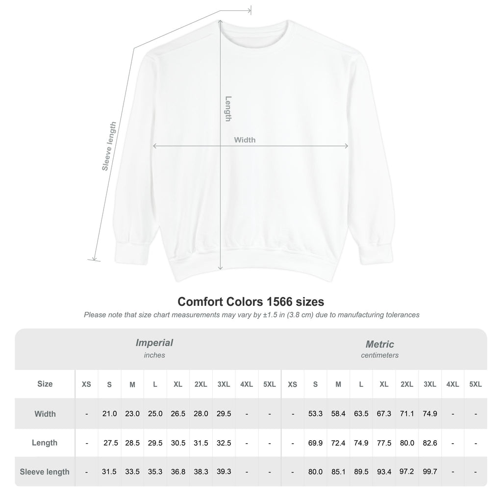 Measurement chart for a white sweatshirt with dimensions labeled on a white background