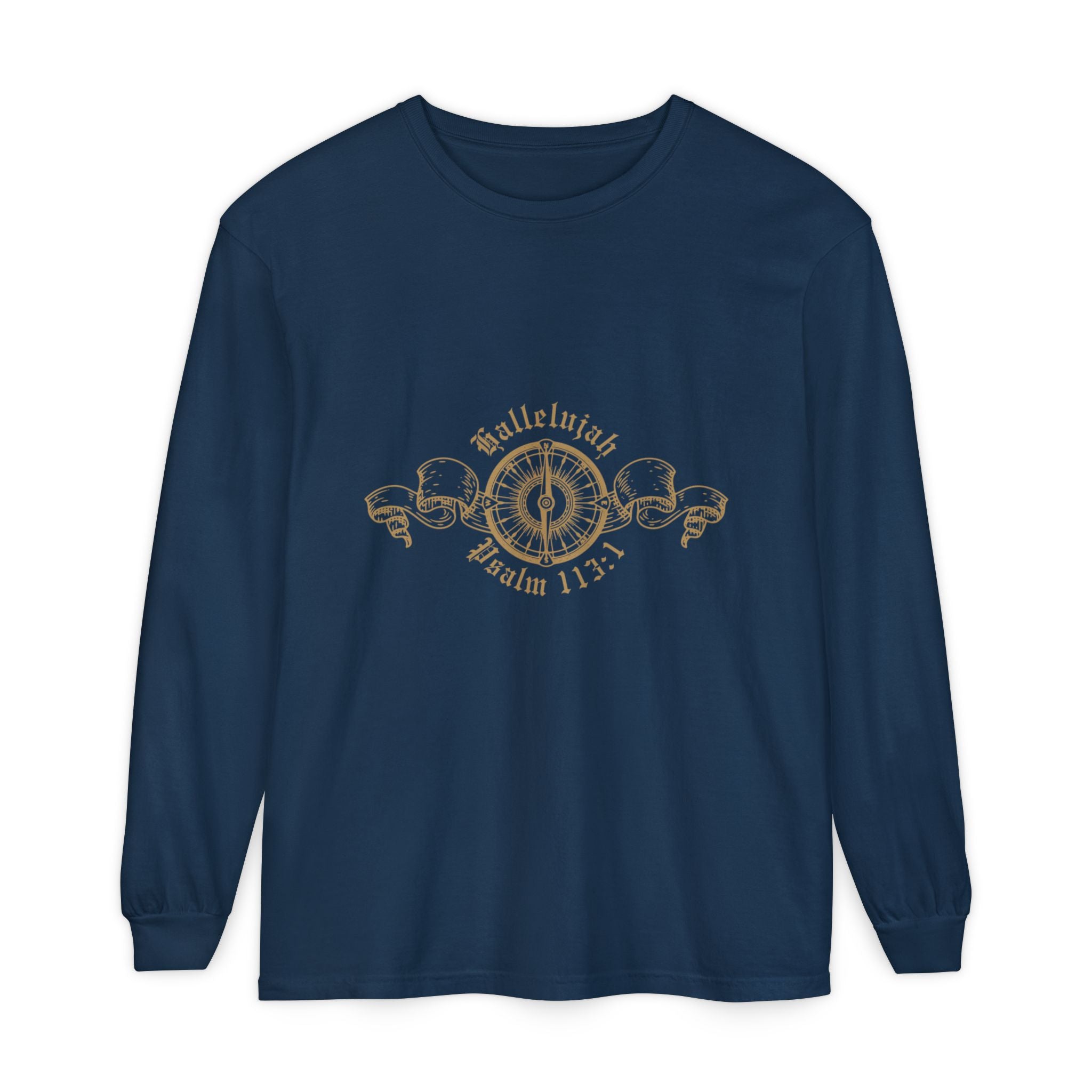 Navy blue long-sleeve shirt with gold design and text on a white background