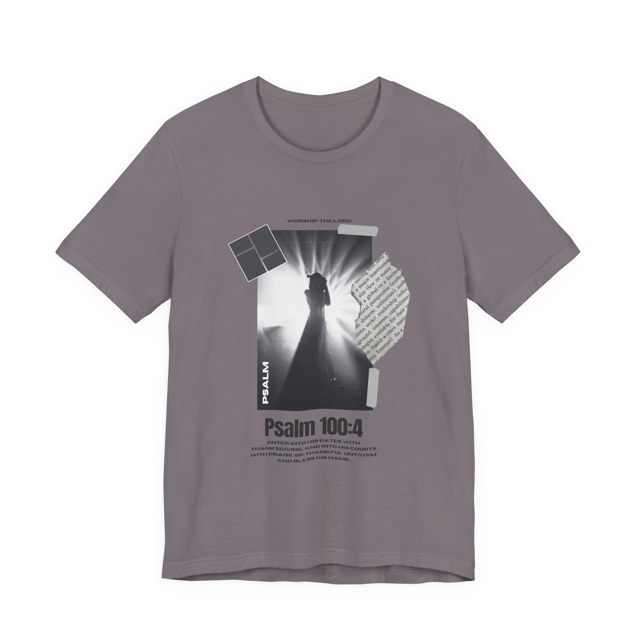 purple t-shirt with a graphic design and 'Psalm 100:4' text on a white background