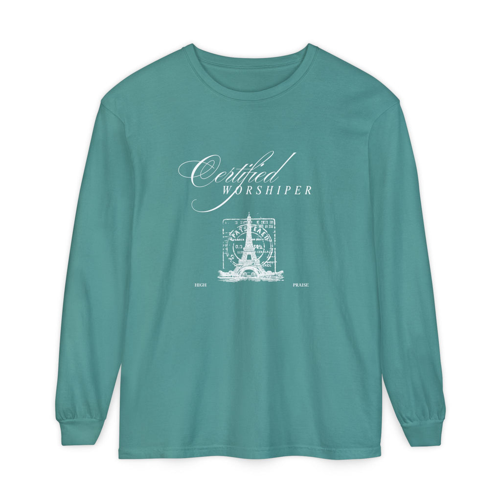 Teal long-sleeve shirt with 'Certified Worshipper' design on a white background