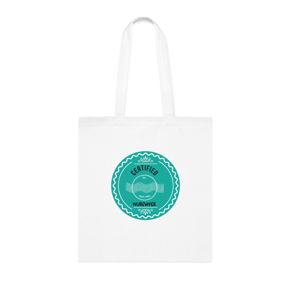 White tote bag with a teal circular logo on a white background