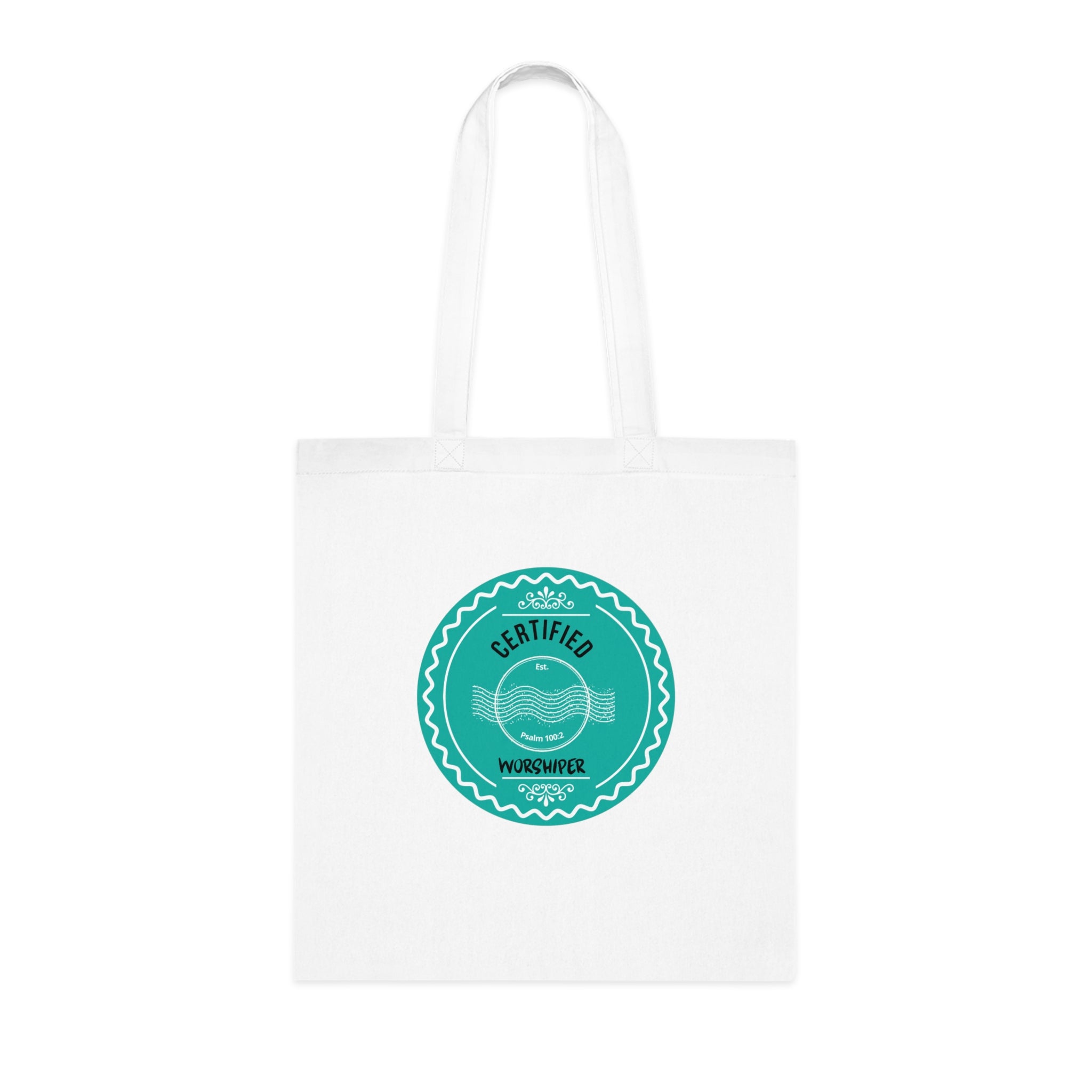 White tote bag with a teal circular logo on a white background