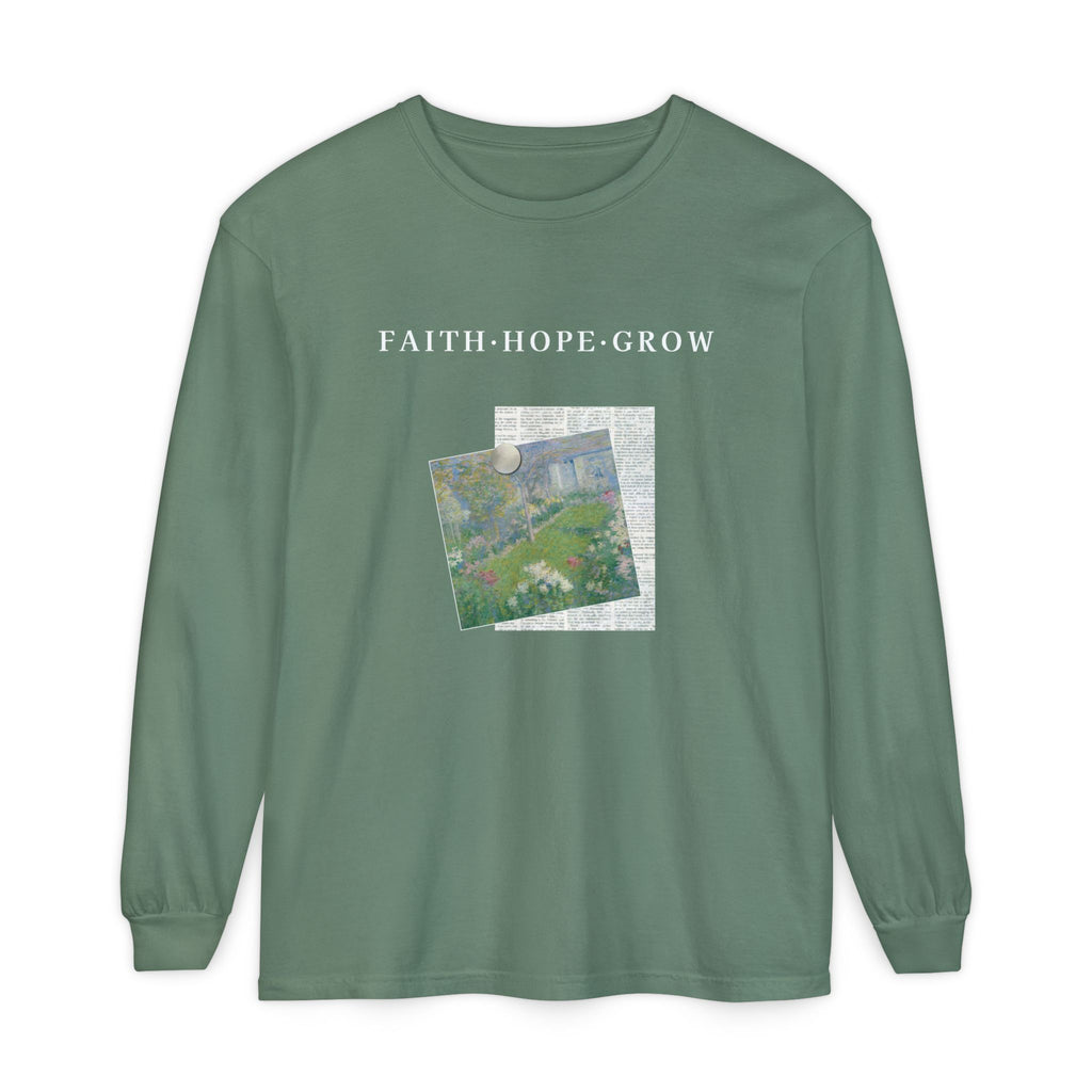 Green long-sleeve shirt with 'FAITH HOPE GROW' text and a small graphic on a white background