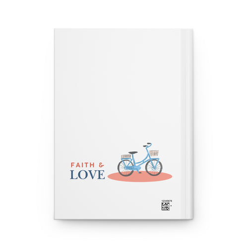 back side of Notebook with a bicycle illustration and 'Faith & Love' text on a white background