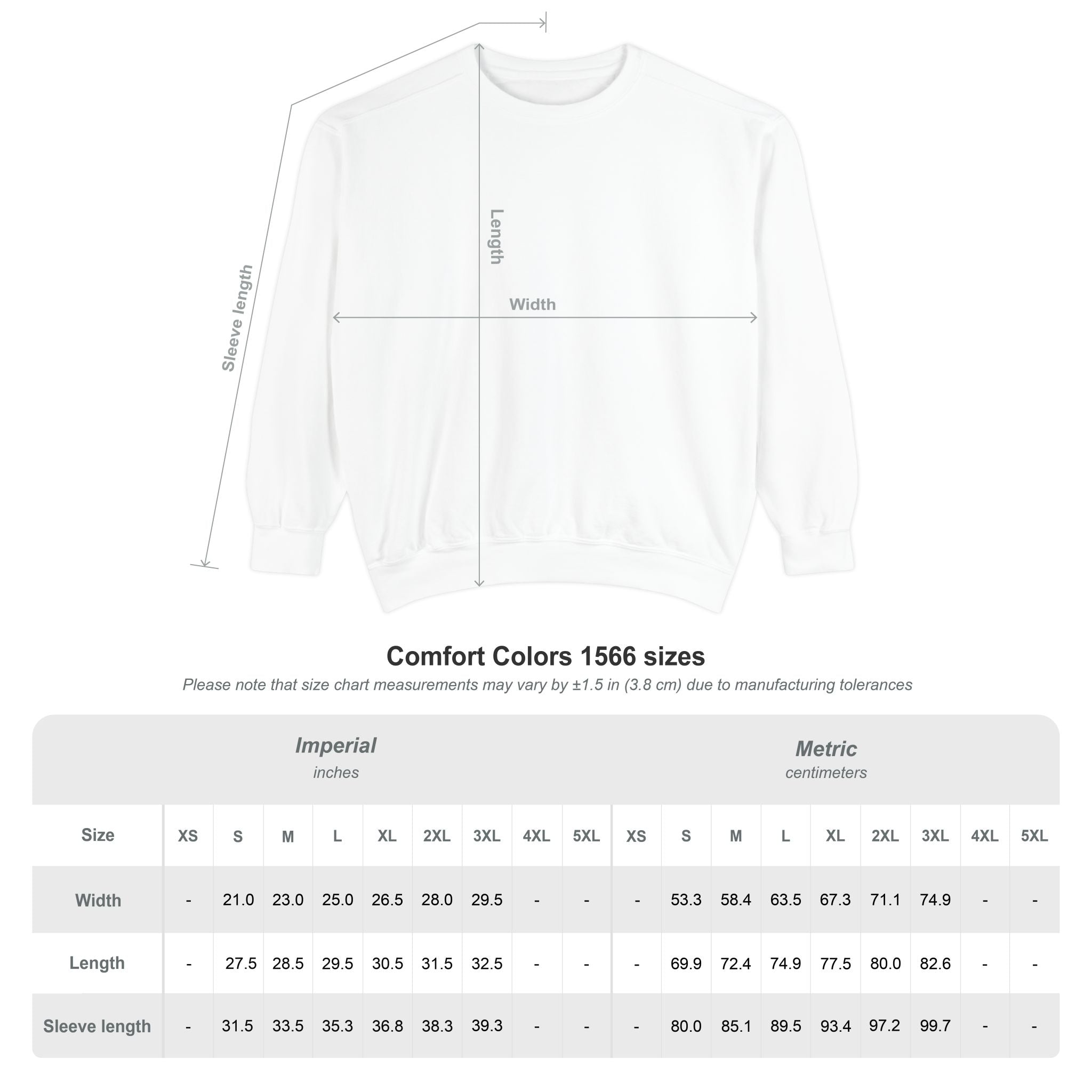 Measurement chart for a white sweatshirt with dimensions labeled on a white background