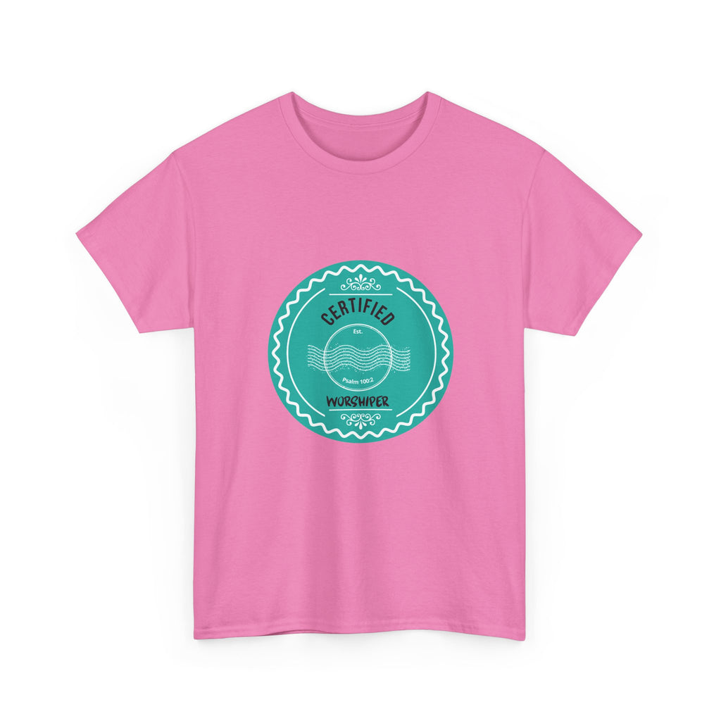 Pink t-shirt with a teal circular logo on a white background