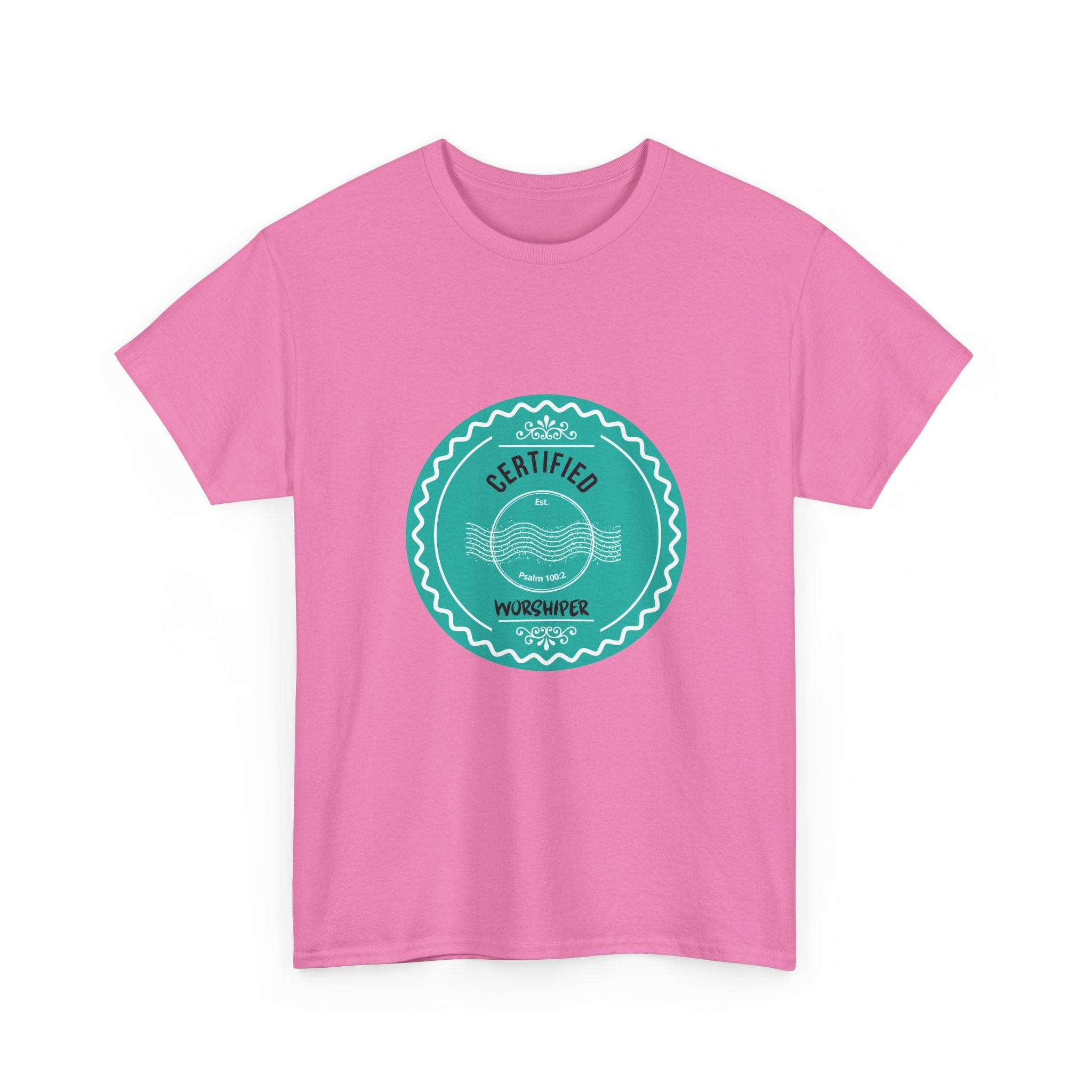 Pink t-shirt with a teal circular logo on a white background