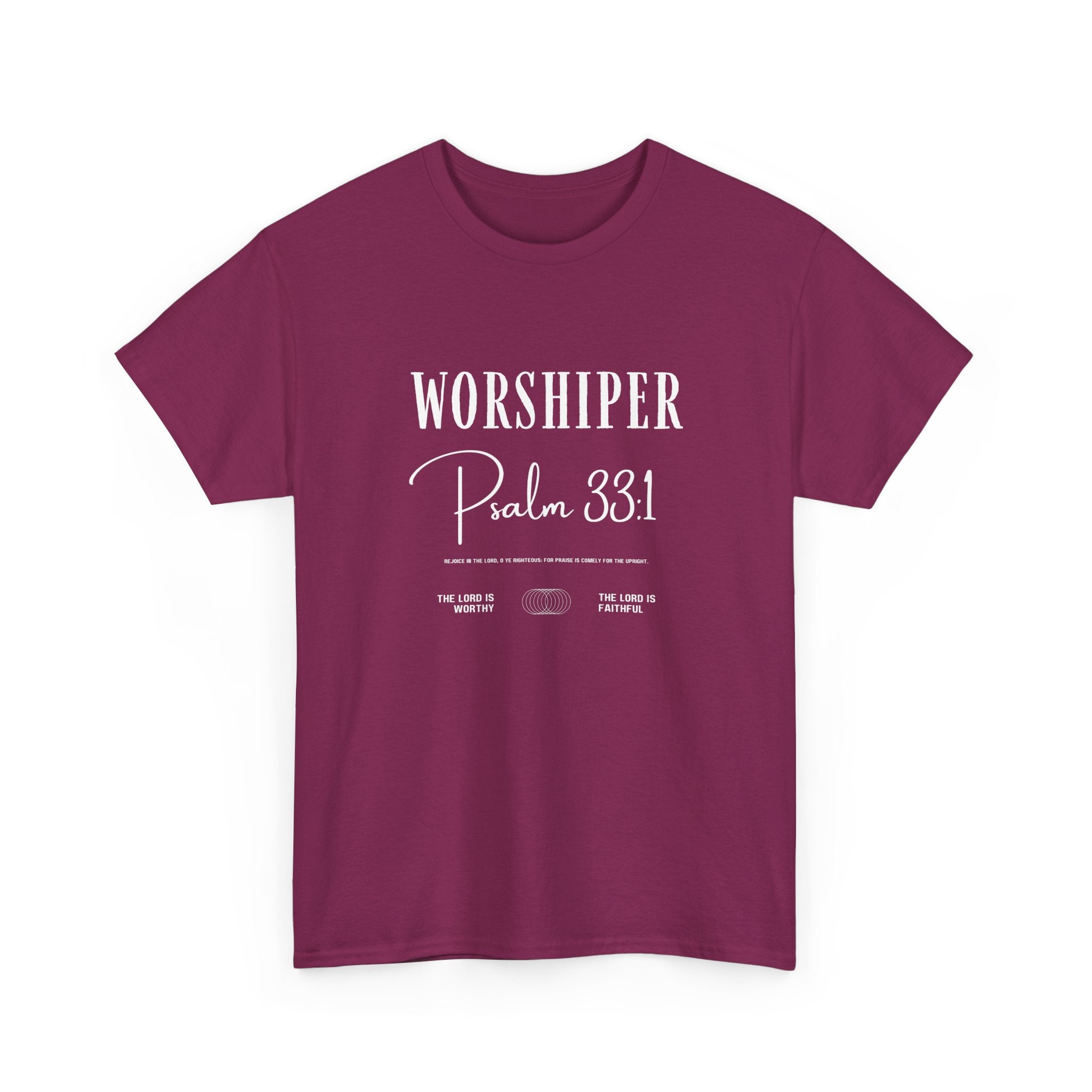 purple t-shirt with 'Worshiper Psalm 33:1' text on a white background