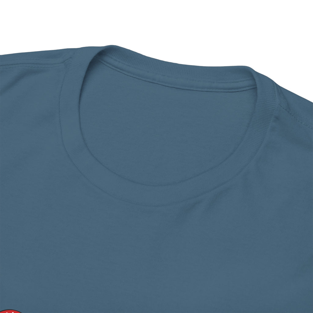 Close-up of a blue t-shirt collar on a white background