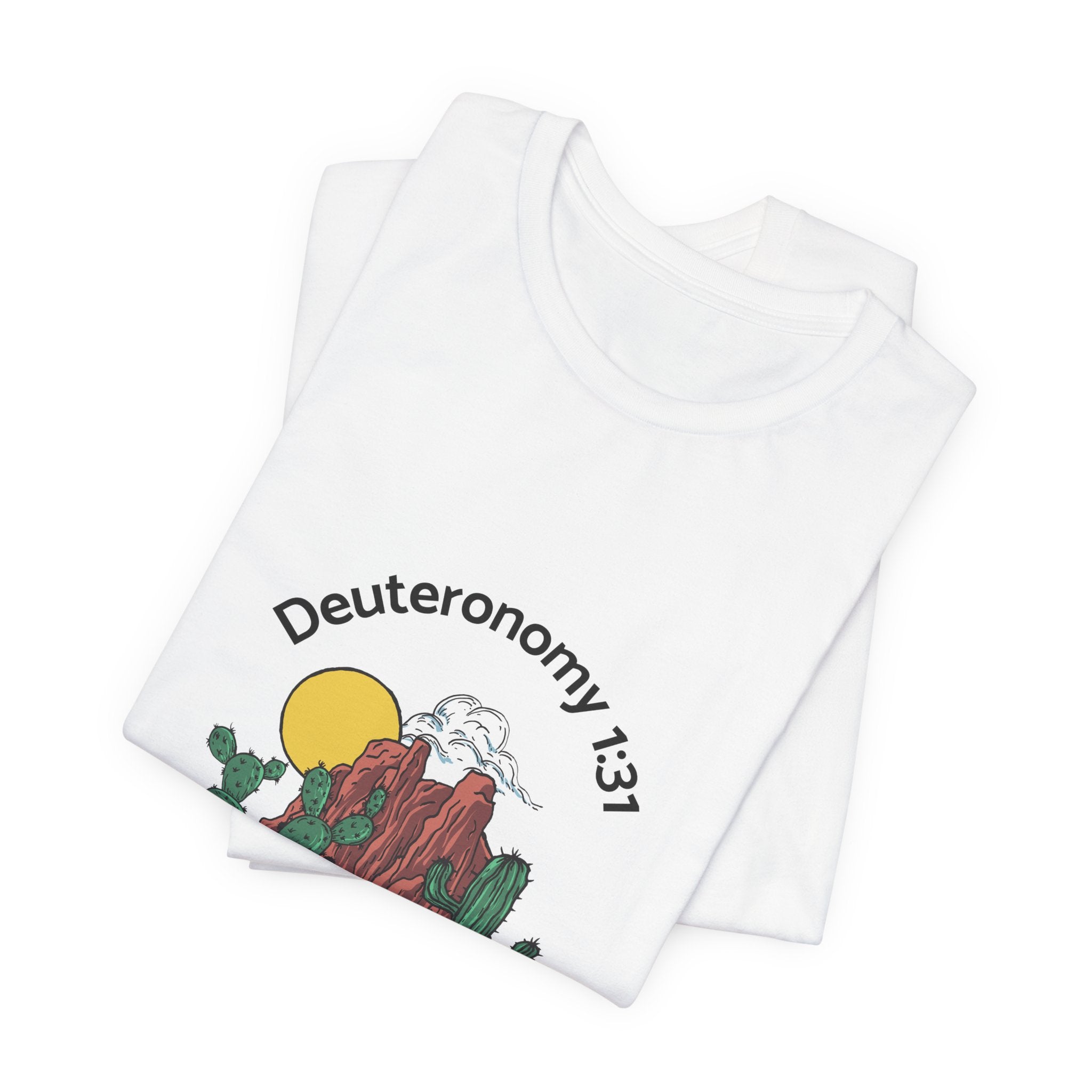 folded White t-shirts with a graphic design and text on a white background