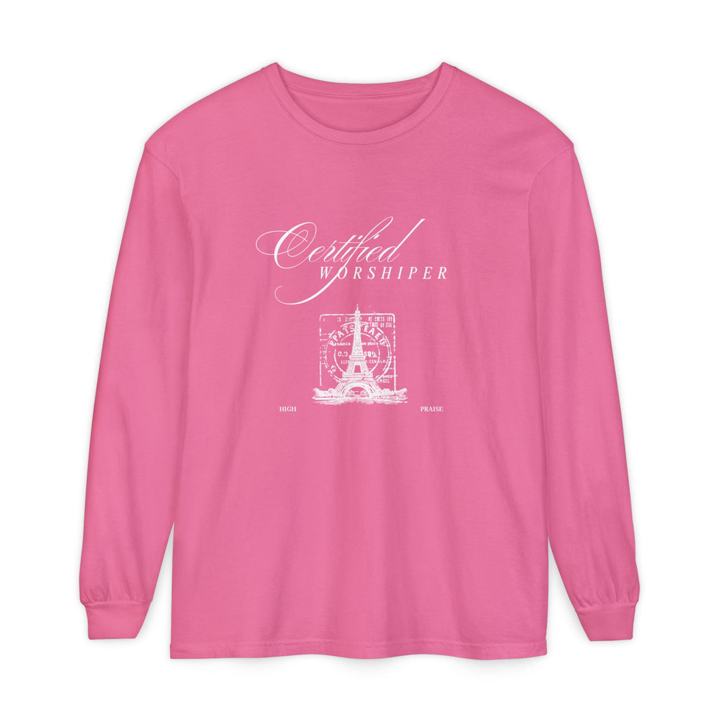 Pink long-sleeve shirt with 'Certified Worshipper' design on a white background