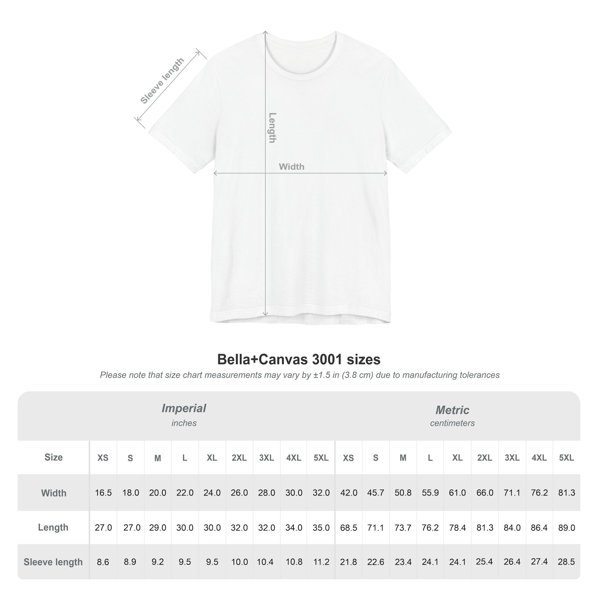 White t-shirt with measurement chart on a white background