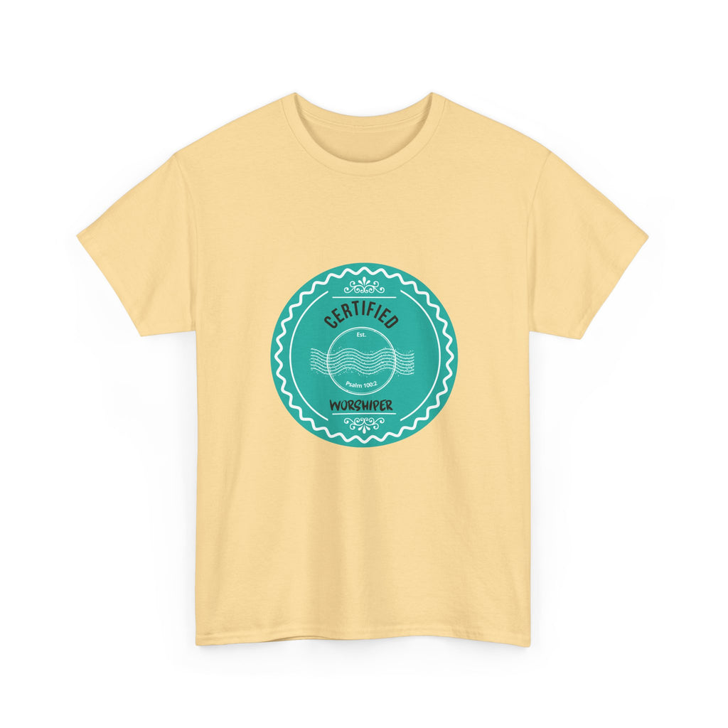 Yellow t-shirt with a teal circular logo on a white background