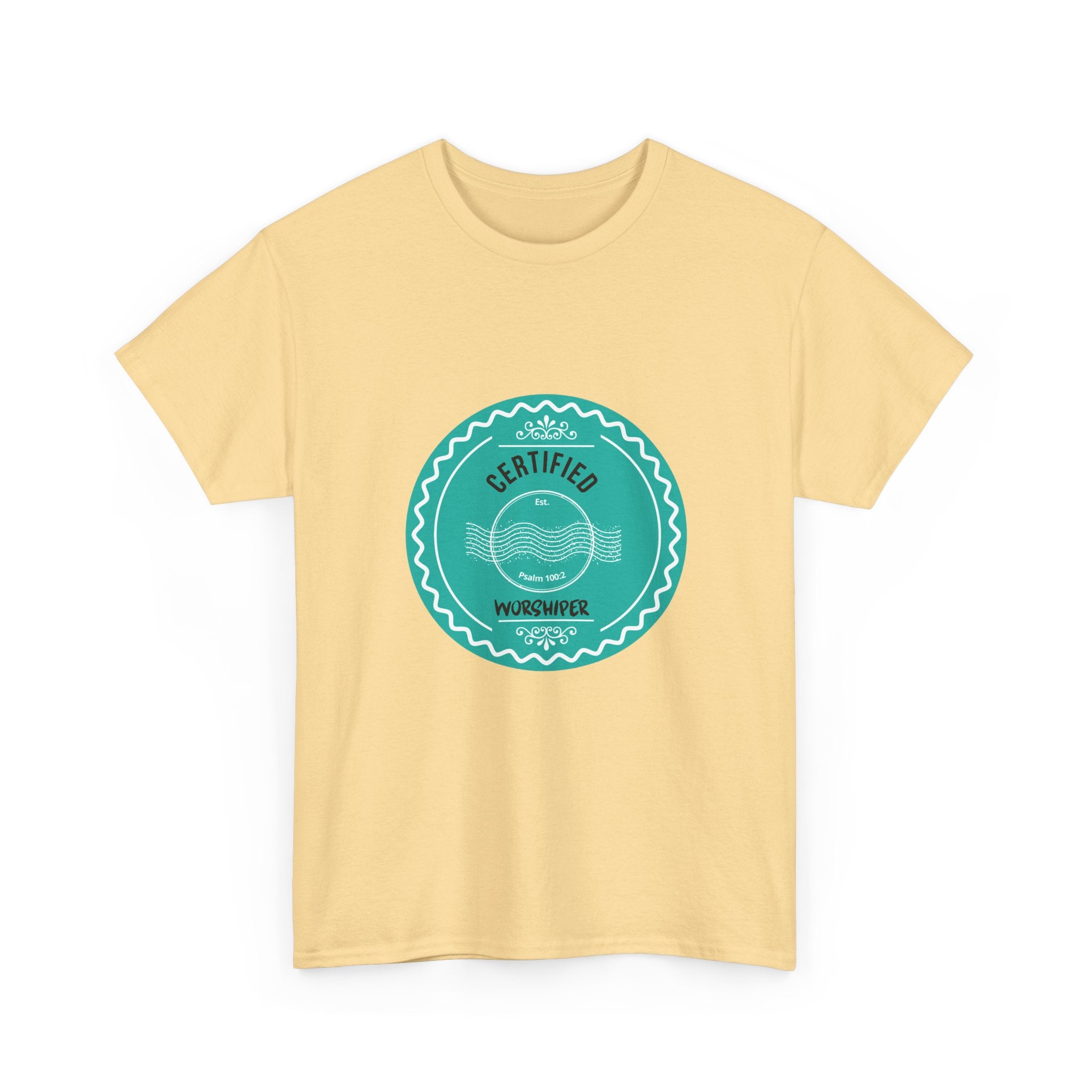 Yellow t-shirt with a teal circular logo on a white background