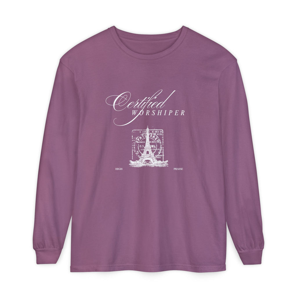 Purple long-sleeve shirt with 'Certified Worshipper' design on a white background