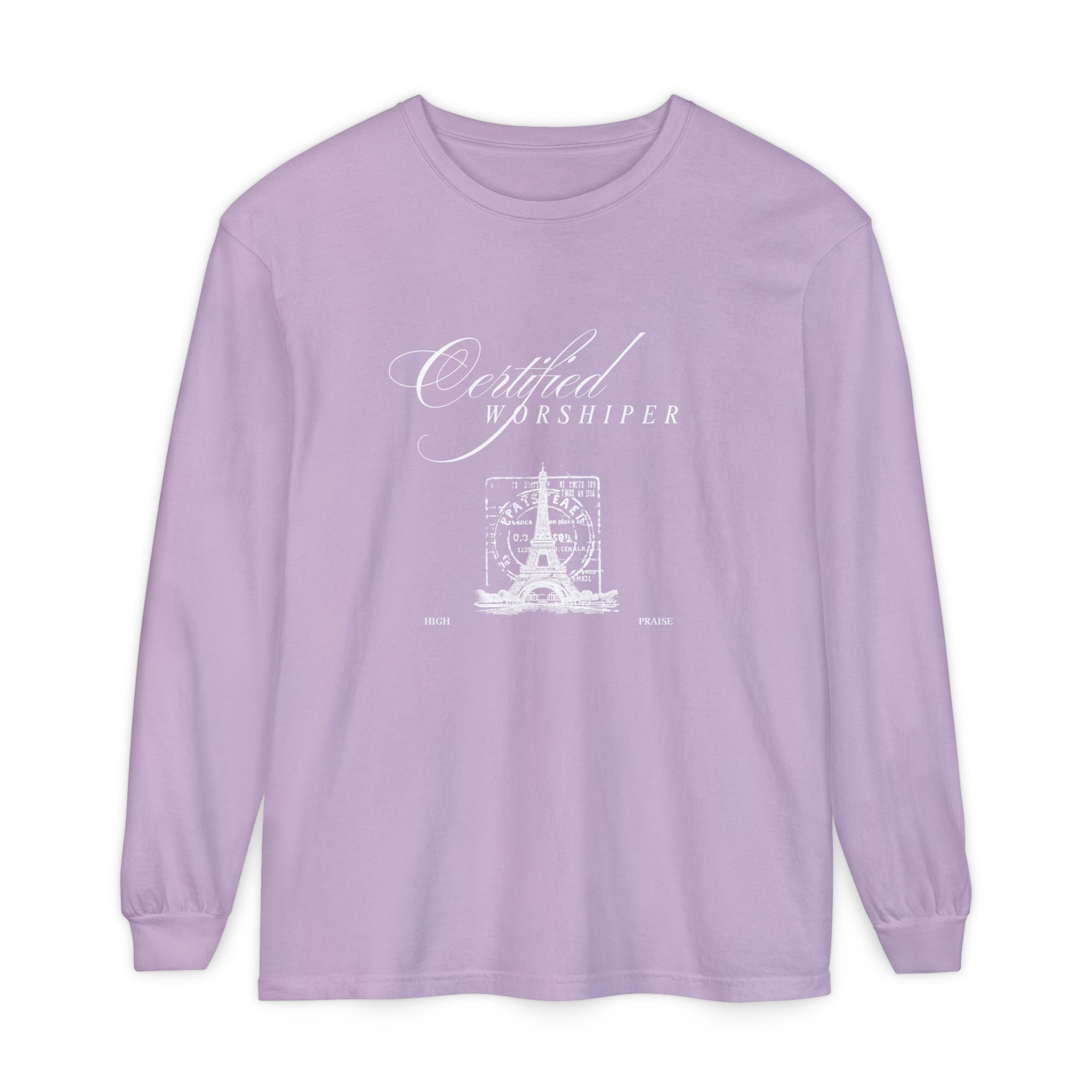 Lavender long-sleeve shirt with 'Certified Worshipper' text and graphic on a white background