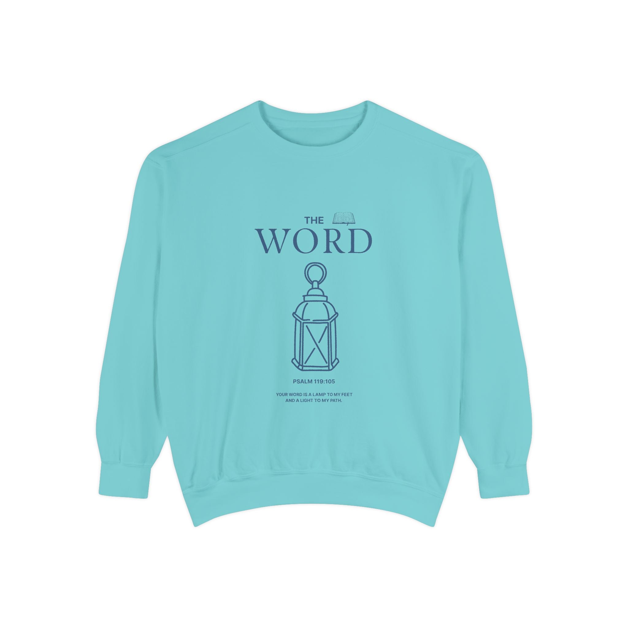 Light blue sweatshirt with 'The Word' graphic design on a white background
