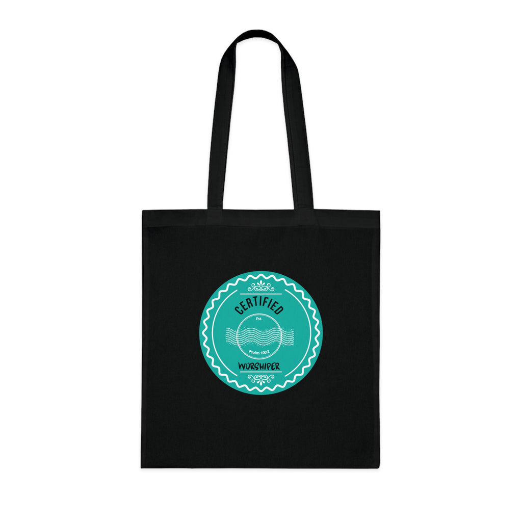 Black tote bag with a teal circular logo on a white background