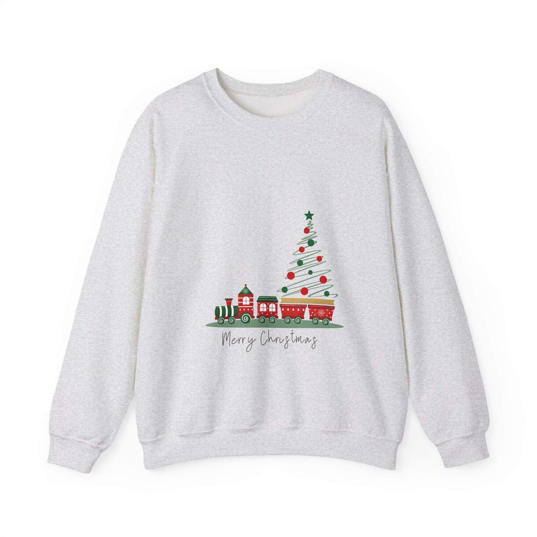 Gray sweatshirt with a Christmas tree and train design on a white background