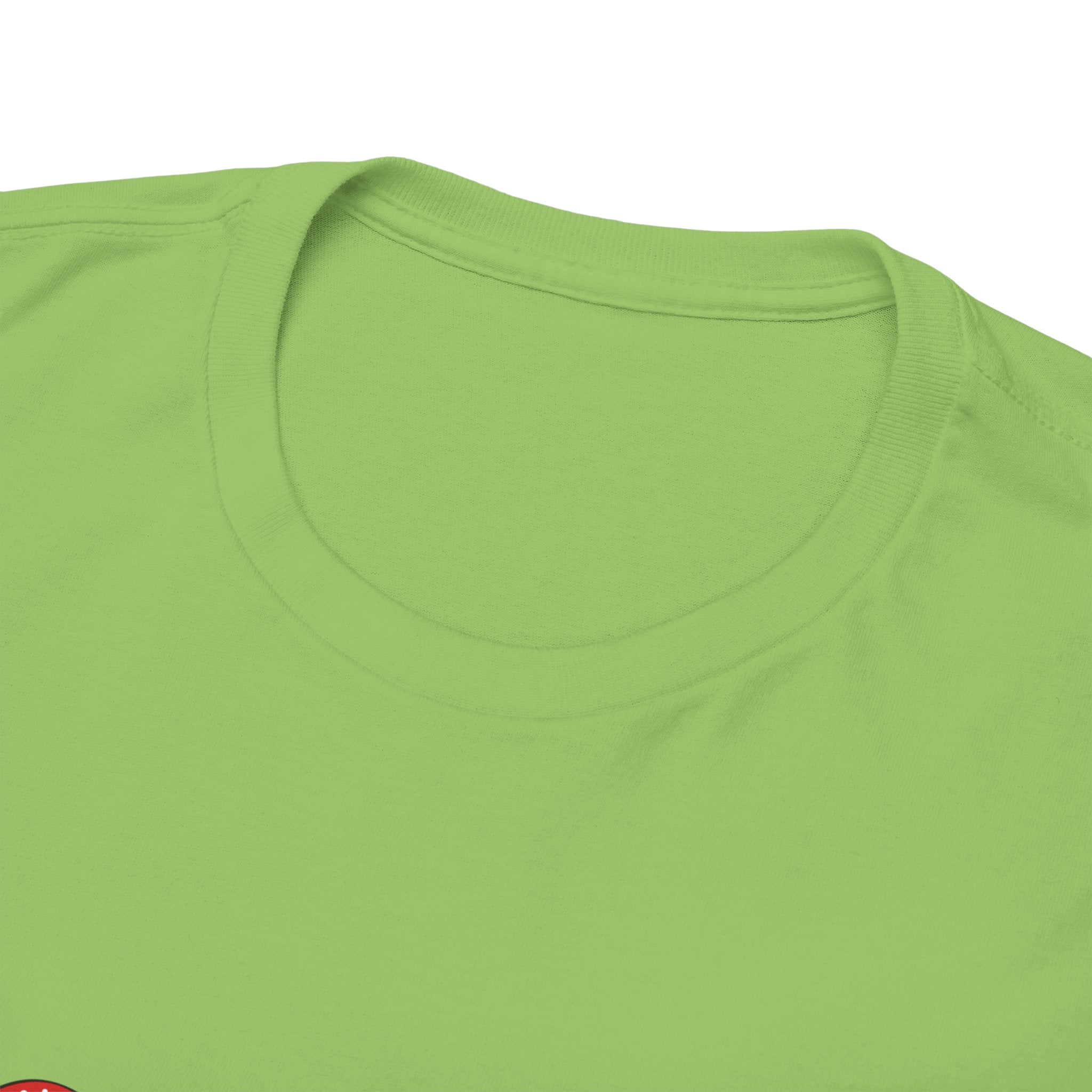 Close-up of a lime green shirt with a red logo on a white background