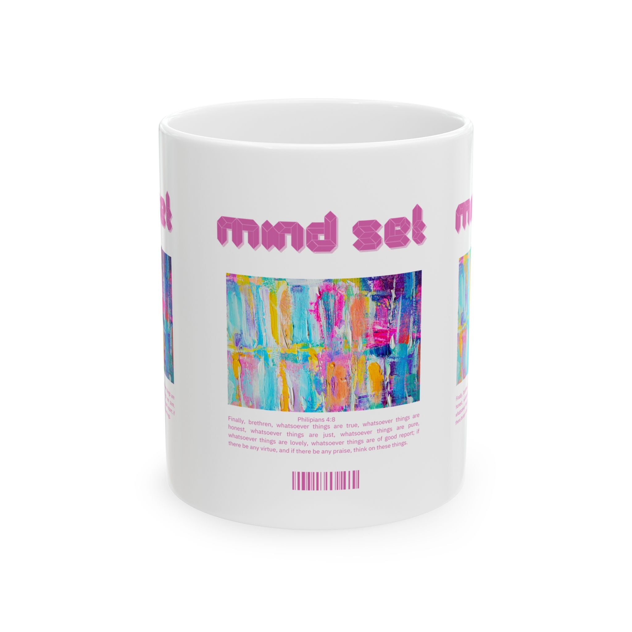 White mug with colorful abstract design and 'mind set' text on a white background