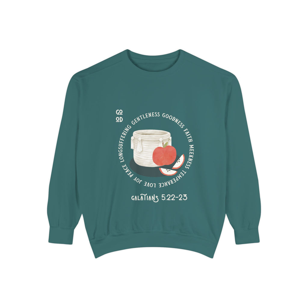 Green sweatshirt with a graphic design on a white background