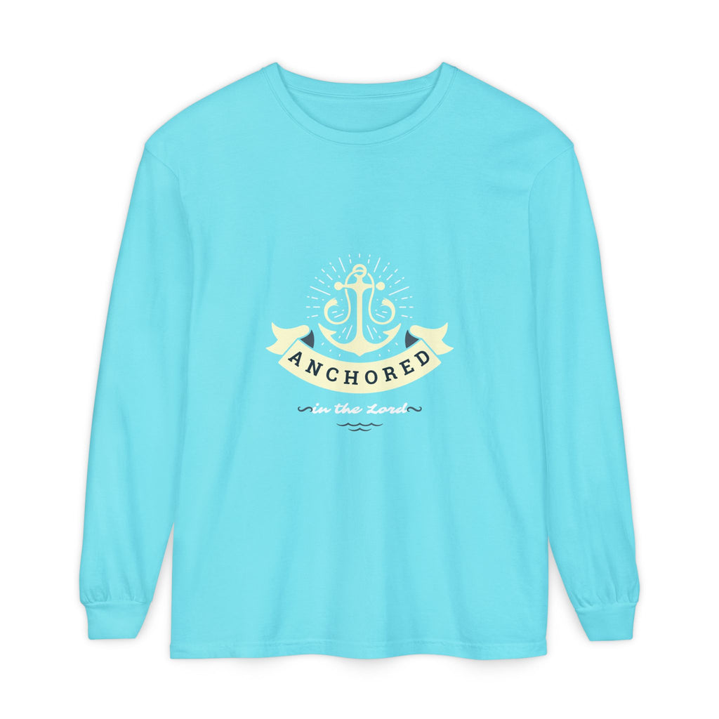 Lagoon blue long-sleeve shirt with anchor design and text on a white background