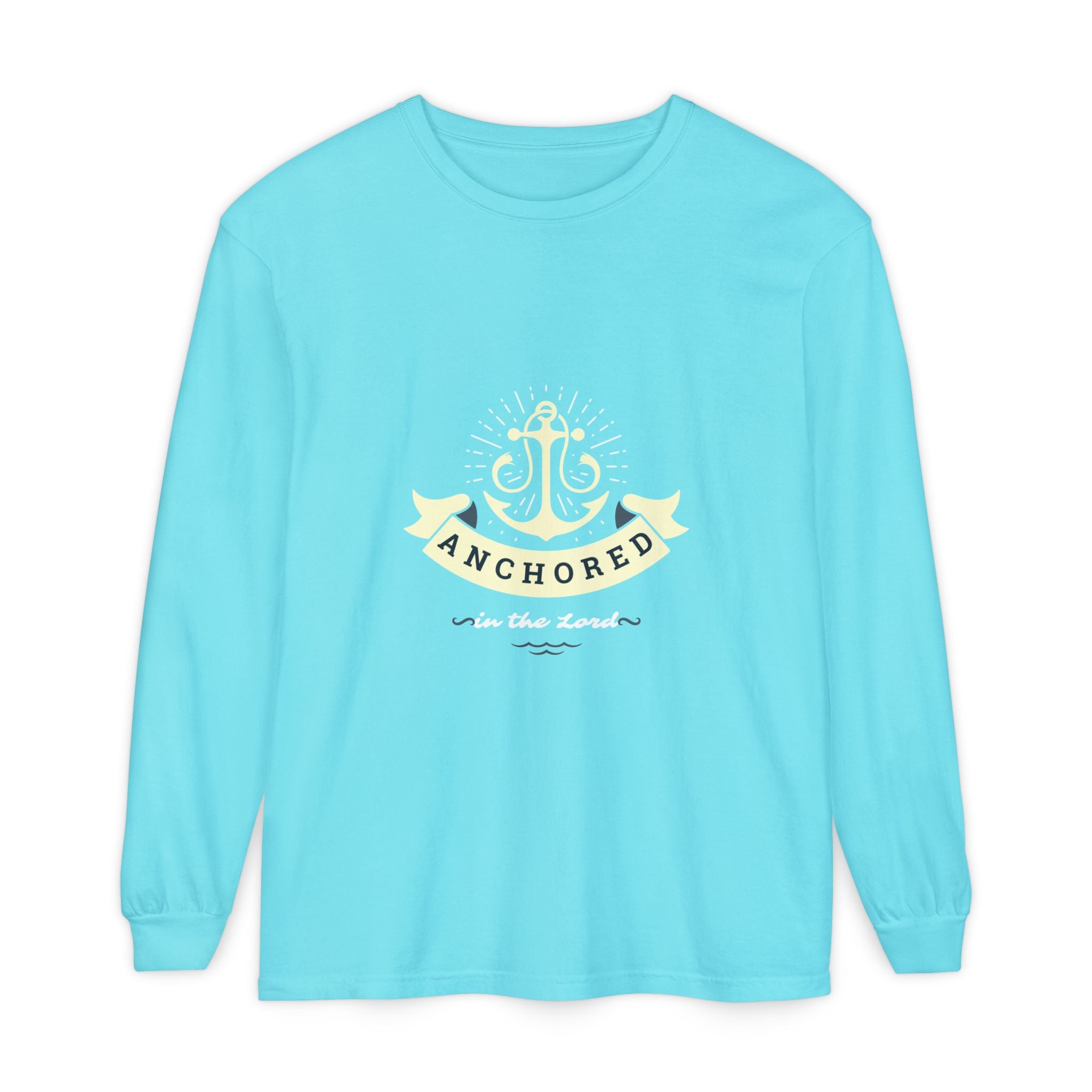 Lagoon blue long-sleeve shirt with anchor design and text on a white background