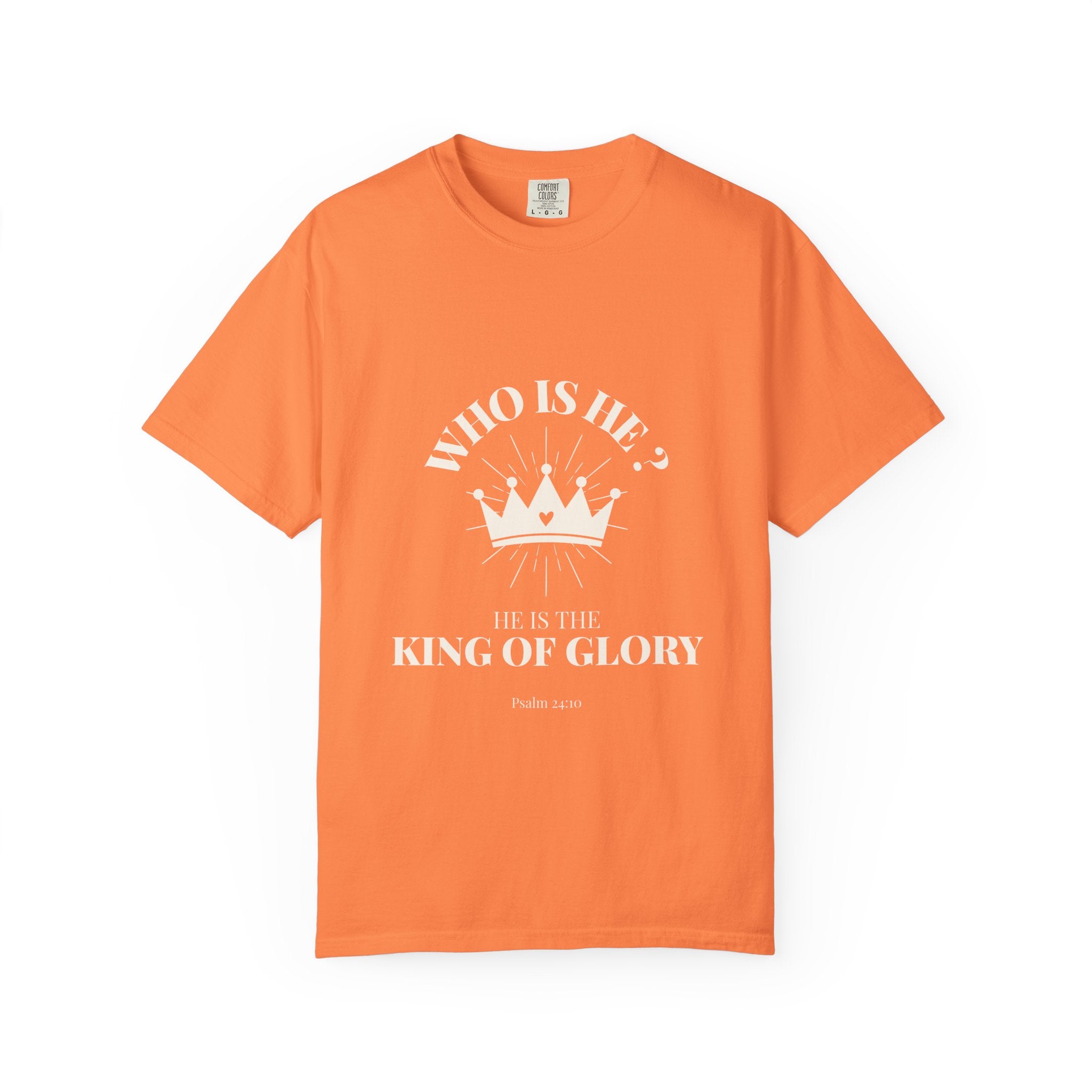 Orange t-shirt with white text and crown graphic on a white background