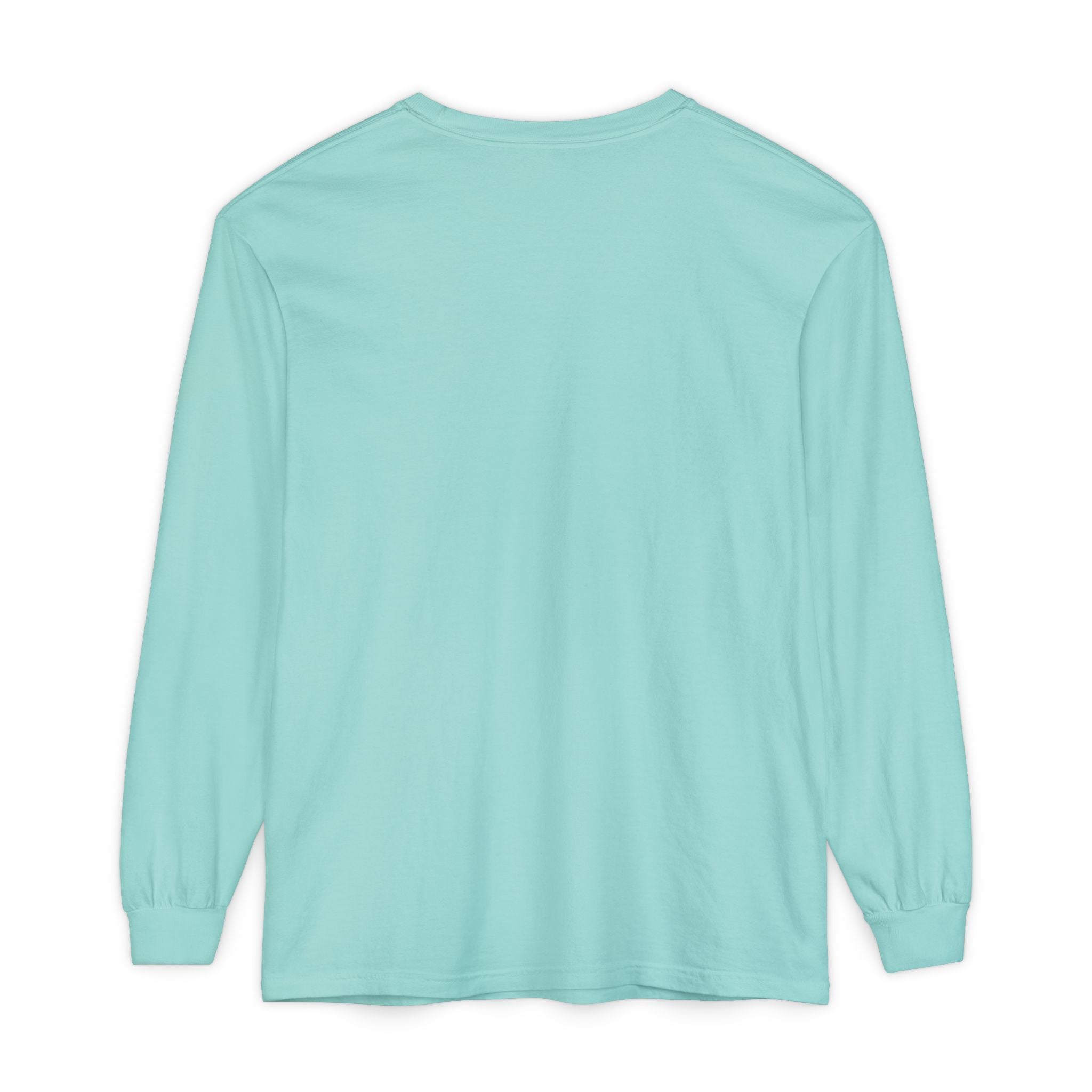 back of Light blue long-sleeve shirt on a white background