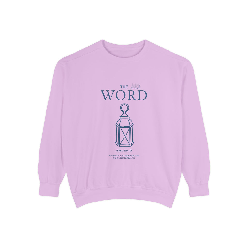 Light purple sweatshirt with 'The Word' and lantern design on a white background