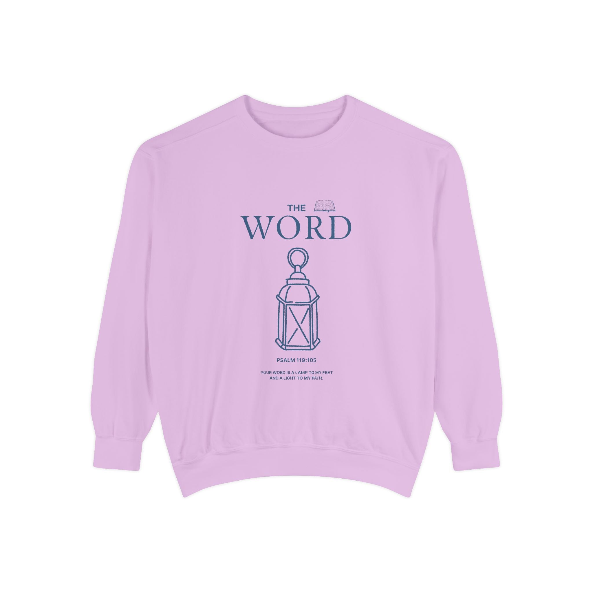 Light purple sweatshirt with 'The Word' and lantern design on a white background