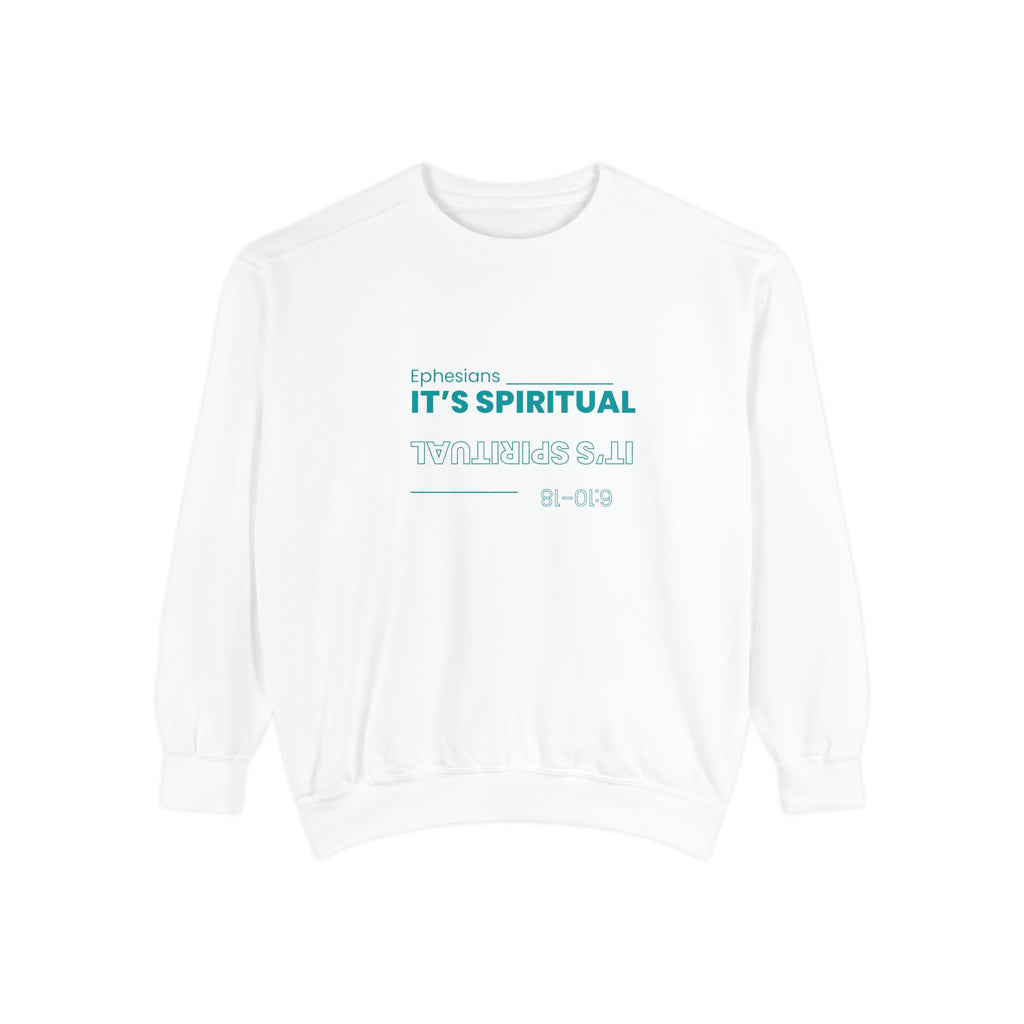 White sweatshirt with text on a white background