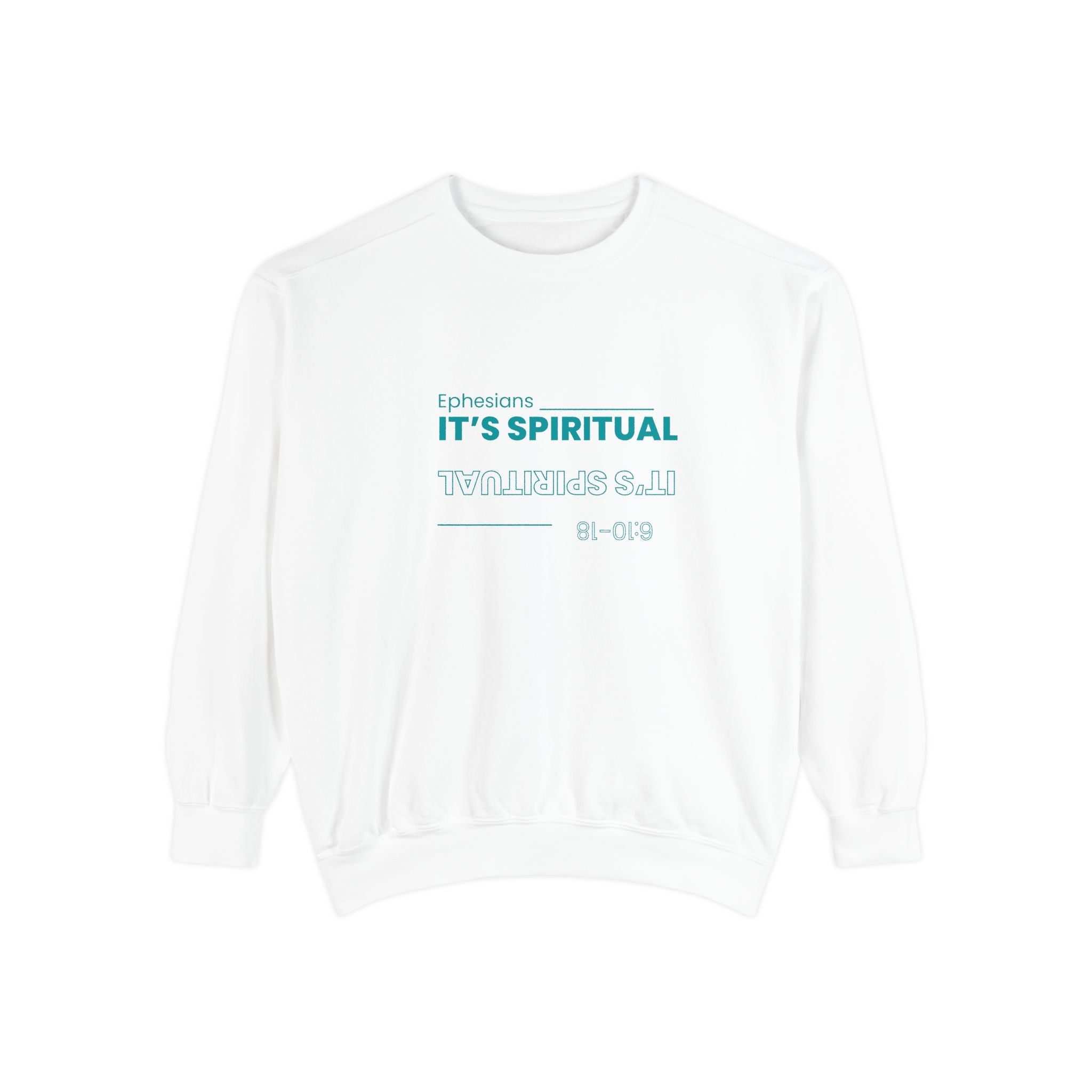 White sweatshirt with text on a white background