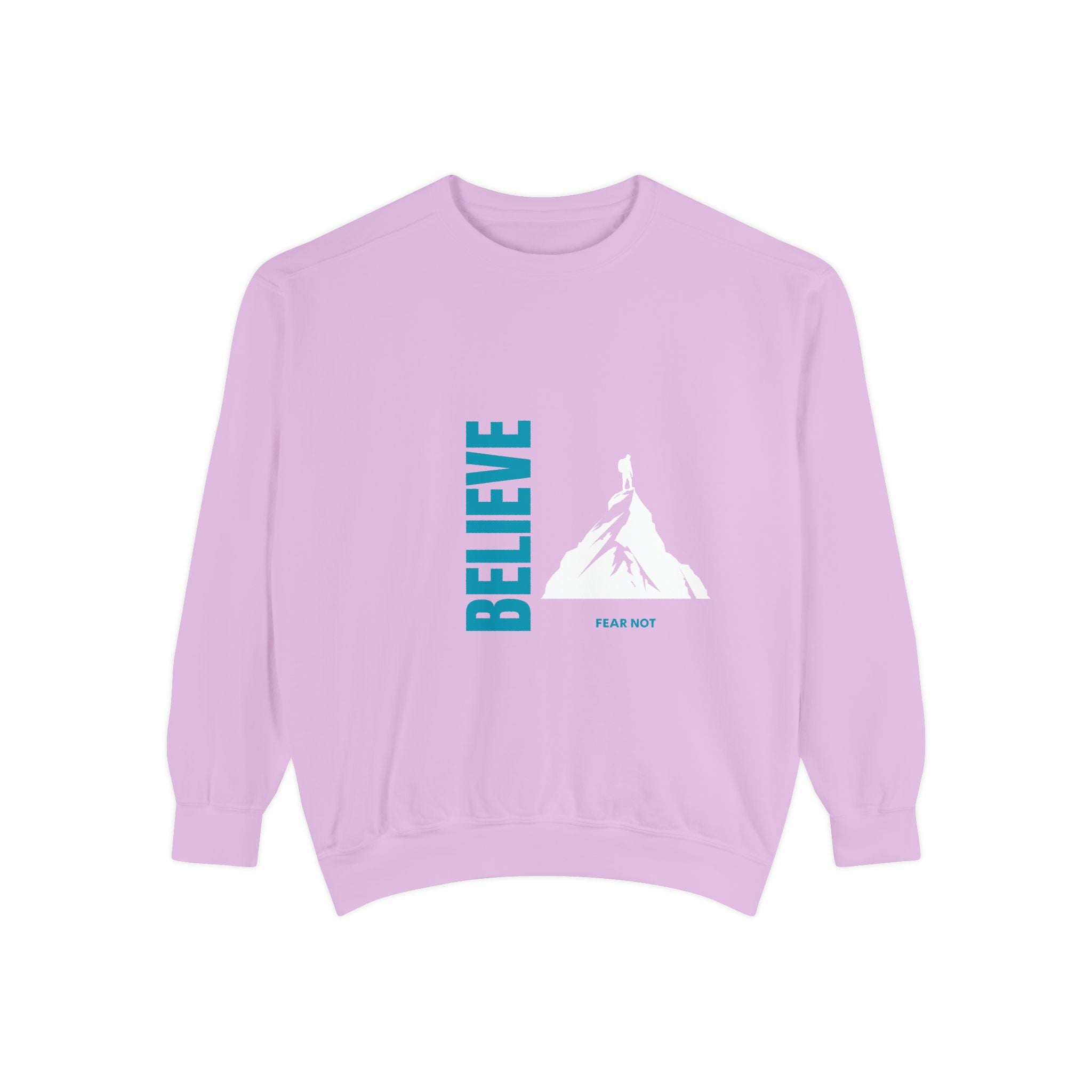 light purple sweatshirt with 'BELIEVE' and mountain graphic on a white background