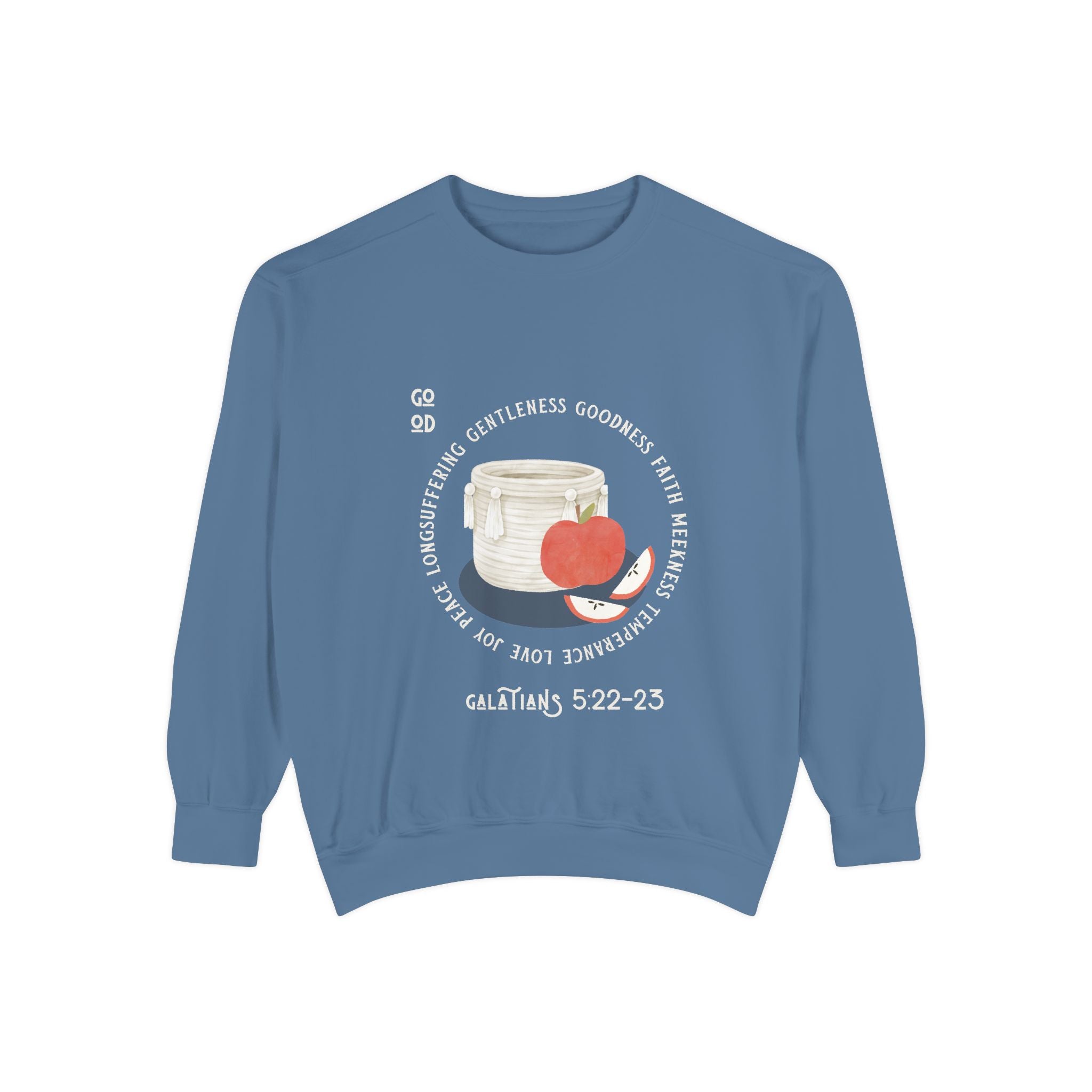 Blue sweatshirt with a graphic design on a white background