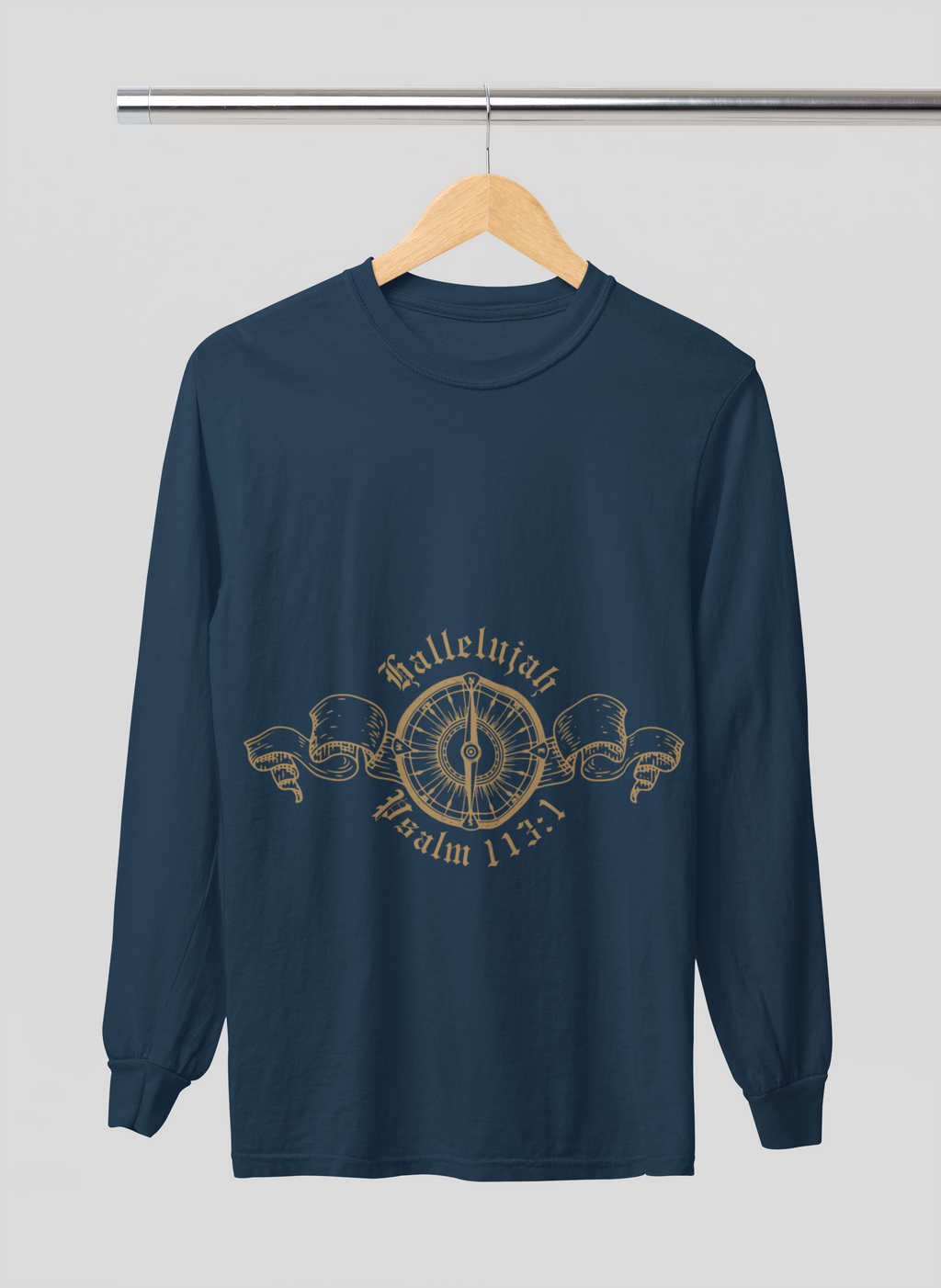 Navy blue long-sleeve shirt with gold design on a hanger against a gray background
