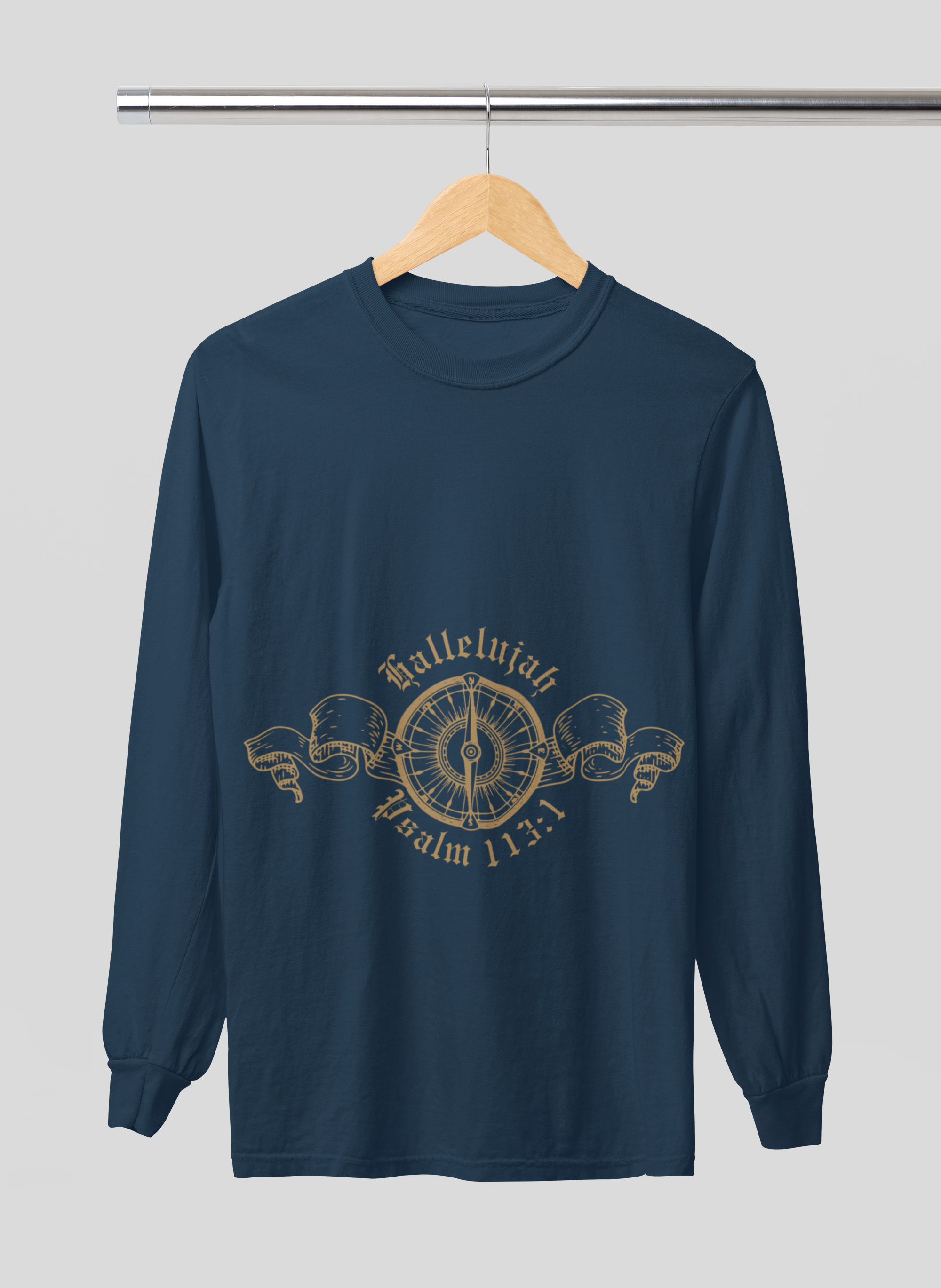 Navy blue long-sleeve shirt with gold design on a hanger against a gray background